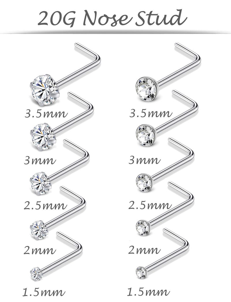 Tornito تورنيدو 20G 10 قطع حلقات أنف على شكل L من الفولاذ المقاوم للصدأ مع حجر CZ، مجوهرات ثقب الأنف للرجال والنساء، لون فضي 1.5 مم-2 مم-2.5 مم-3 مم-3.5 مم CZ - Image 3